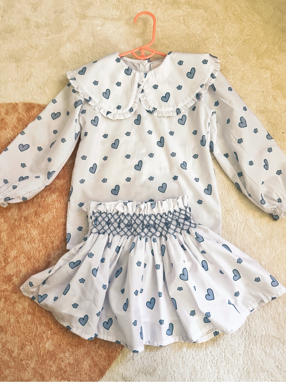 Cecil and Lou Girls White Top & Skirt Set with Blue Heart Print 3/4t